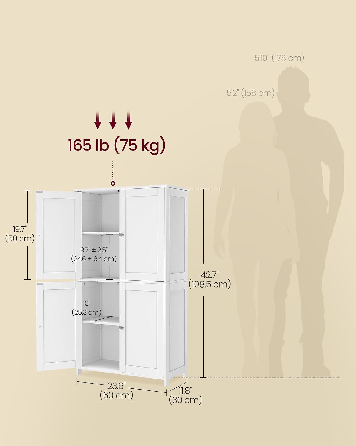 VASAGLE Floor Storage Cabinet, Freestanding Storage Unit with 2 Adjustable Shelves, for Bathroom Living Room Dining Kitchen, 11.8 x 23.6 x 31.5 Inches, Cloud White UBCB60WV1