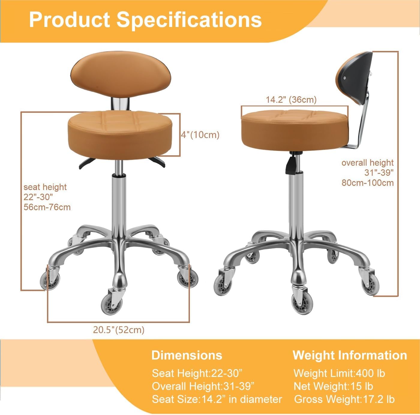 Kaleurrier Rolling Stool with Back Rest: Swivel Chair Adjustable Height