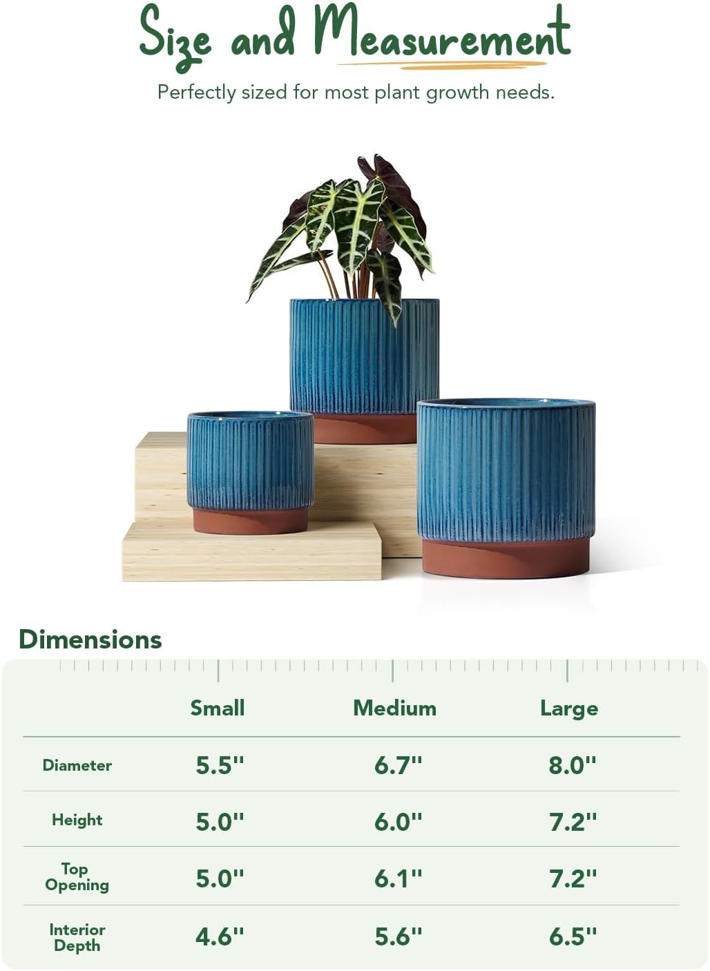 LE TAUCI Ceramic Plant Pots with Drainage Holes, Set of 3, 8+6.7+5.5 Inch Stripe Garden Planter Pots for Outdoor Indoor Plants Flower