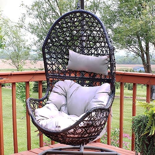 Sunnydaze Cordelia Egg Chair with Cushions -Resin Wicker Hanging Chair with 265-Pound Weight Capacity - Hanging Swing Includes Gray Polyester