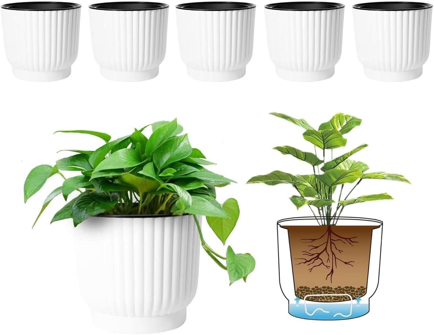 T4U Self Watering Pots for Indoor Plants, 4 Inch 6 Pack Planter White