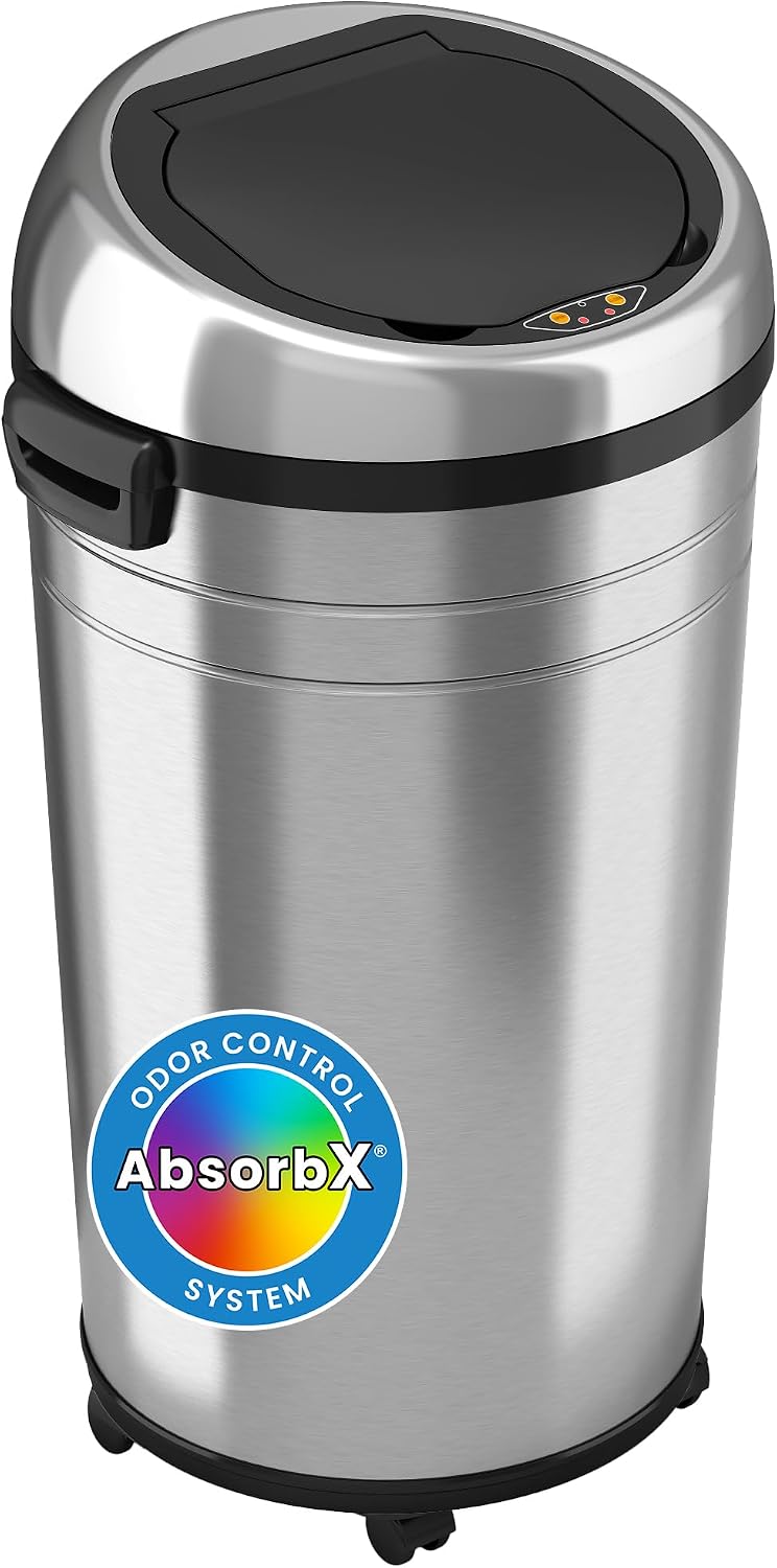iTouchless Glide 13 Gallon Sensor Garbage Can with Wheels and Odor Control System, Stainless Steel, Automatic Kitchen Bin and Office Trash Bin (Powered by Battery or Optional AC Adapter)