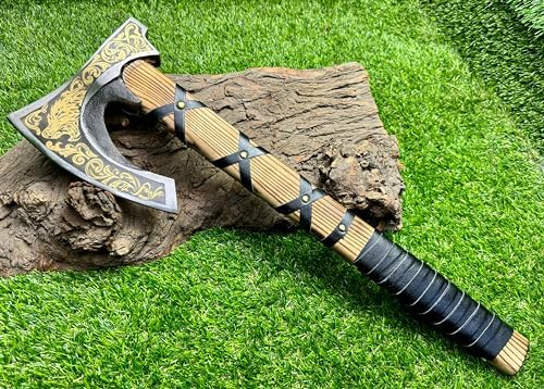 Poshland AX-7000 Custom Gift Forged Carbon Steel Viking Axe with Rose Wood Shaft, Viking Bearded Camping Axe