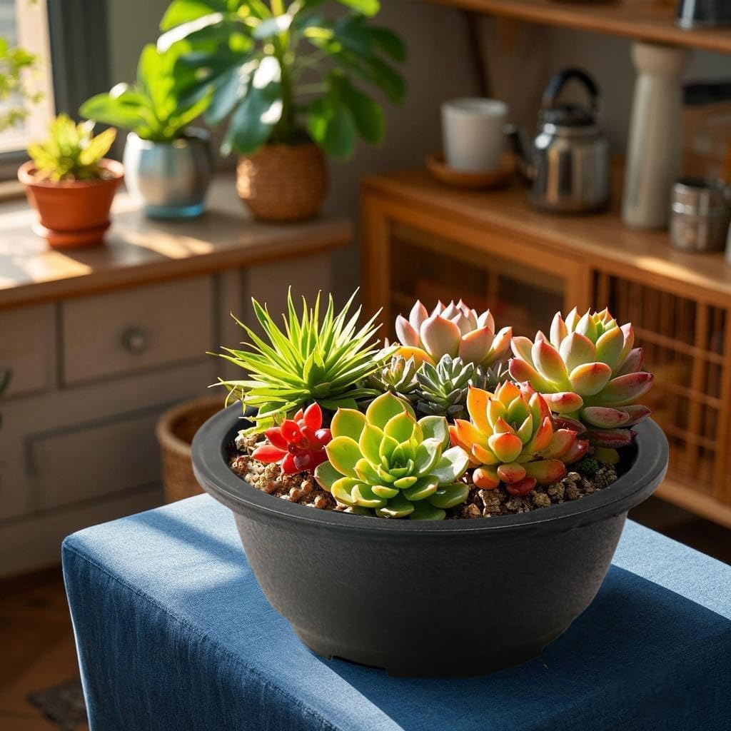 MUZHI 12PACK Matte Black Succulent Bonsai Round Planter Bowl Pot with Drainage, Plastic Cactus Flat Garden Plant Bowl Pots 6.3”