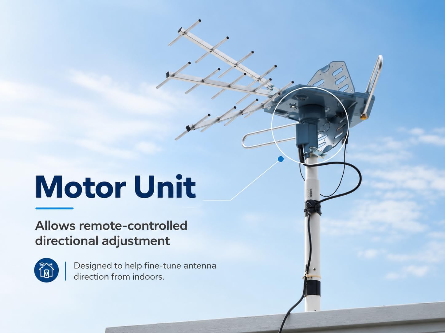 PBD Digital Outdoor TV Antenna, 150 Miles Range, 360° Rotating Directional Motor with Remote Control, Dual TV Support, Mounting Pole, 40FT RG6 Cable