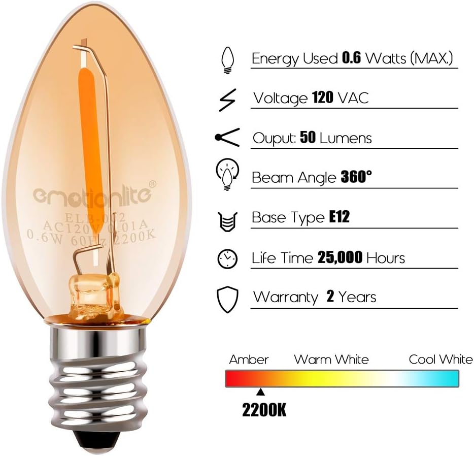 Emotionlite C7 LED Candelabra Bulbs, E12 Base, Warm White 2700K, 4 Pack | lear LED chandelier bulbs, 4W/5W/6W/7W incandescent equivalent with E12 candelabra base