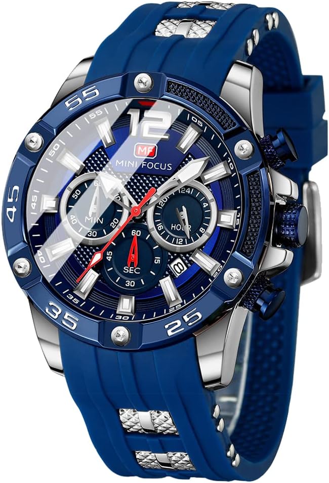 MF MINI FOCUS Men Watch, Chronograph Waterproof Sport Analog Quartz Watches Blue Silicon Strap Fashion Wristwatch for Men