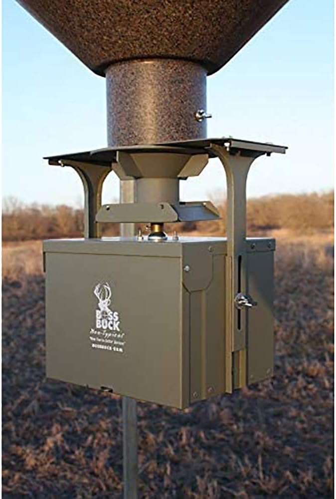 BOSS BUCK 200 LB Deer Feeder/Hunting Durable Lightweight Plastic UV Protected Waterproof Game Feeder with 12V Spinner Automatic Delivery System & Multi-Piece Legs