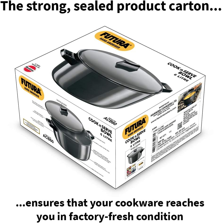 Hawkins Futura 6 Litre Cook n Serve Bowl, Hard Anodised Saucepan with Hard Anodised Lid, Sauce Pan for Cooking and Serving, Black (ACB60) (Aluminium)