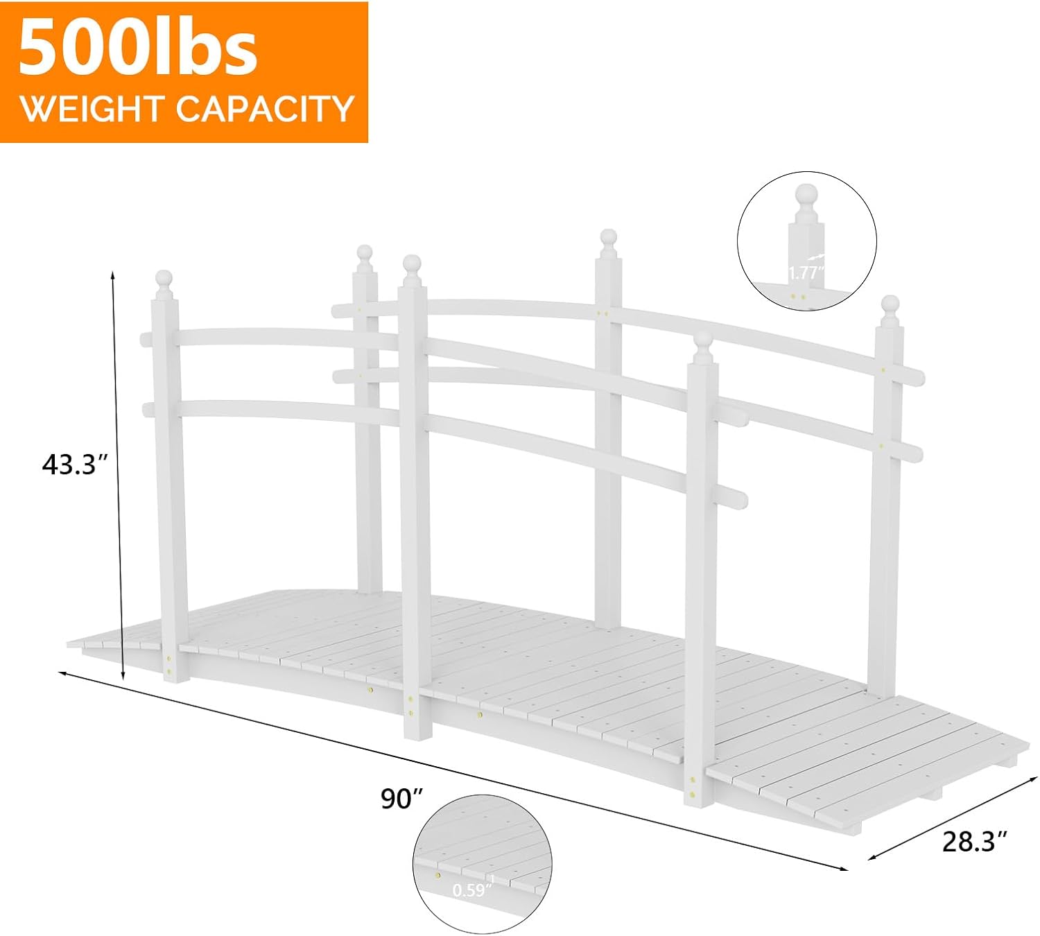 VINGLI 5 ft Garden Bridge, Classic Wooden Arch with Safety Rails Stained Finished Footbridge, Decorative Pond Landscaping, Backyard, Creek or Farm