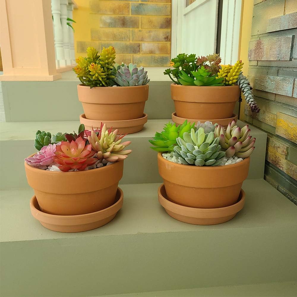 Yishang 6 Inch Terracotta Shallow Planters with Saucer/Tray, Ceramic Flower Clay Plant Pots with Drainage Hole