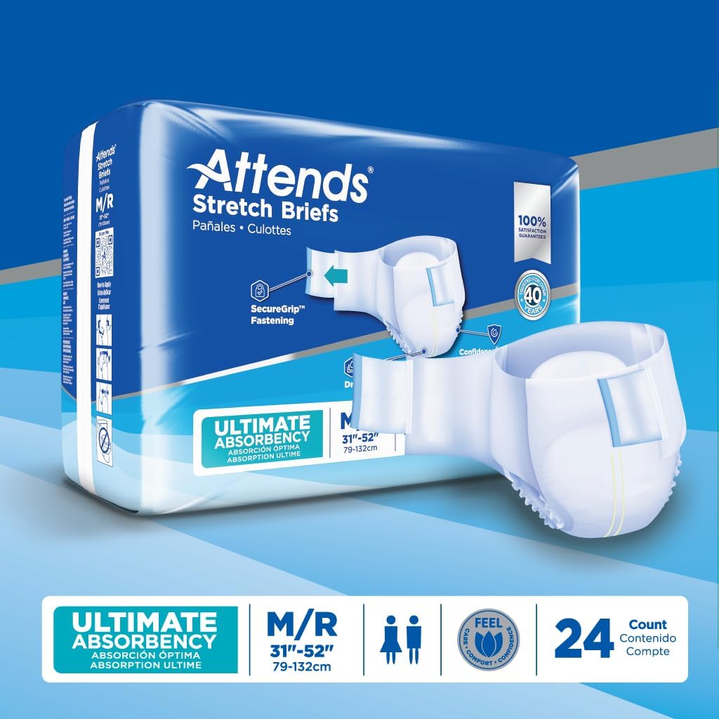 Attends Stretch Adult Incontinence Disposable Briefs, Large/X-Large, 40"-70" Waist with SecureGrip Tab Closure, Ultimate Absorbency with Dry-Lock Containment Core and Breathable Side Panels, 96ct Case