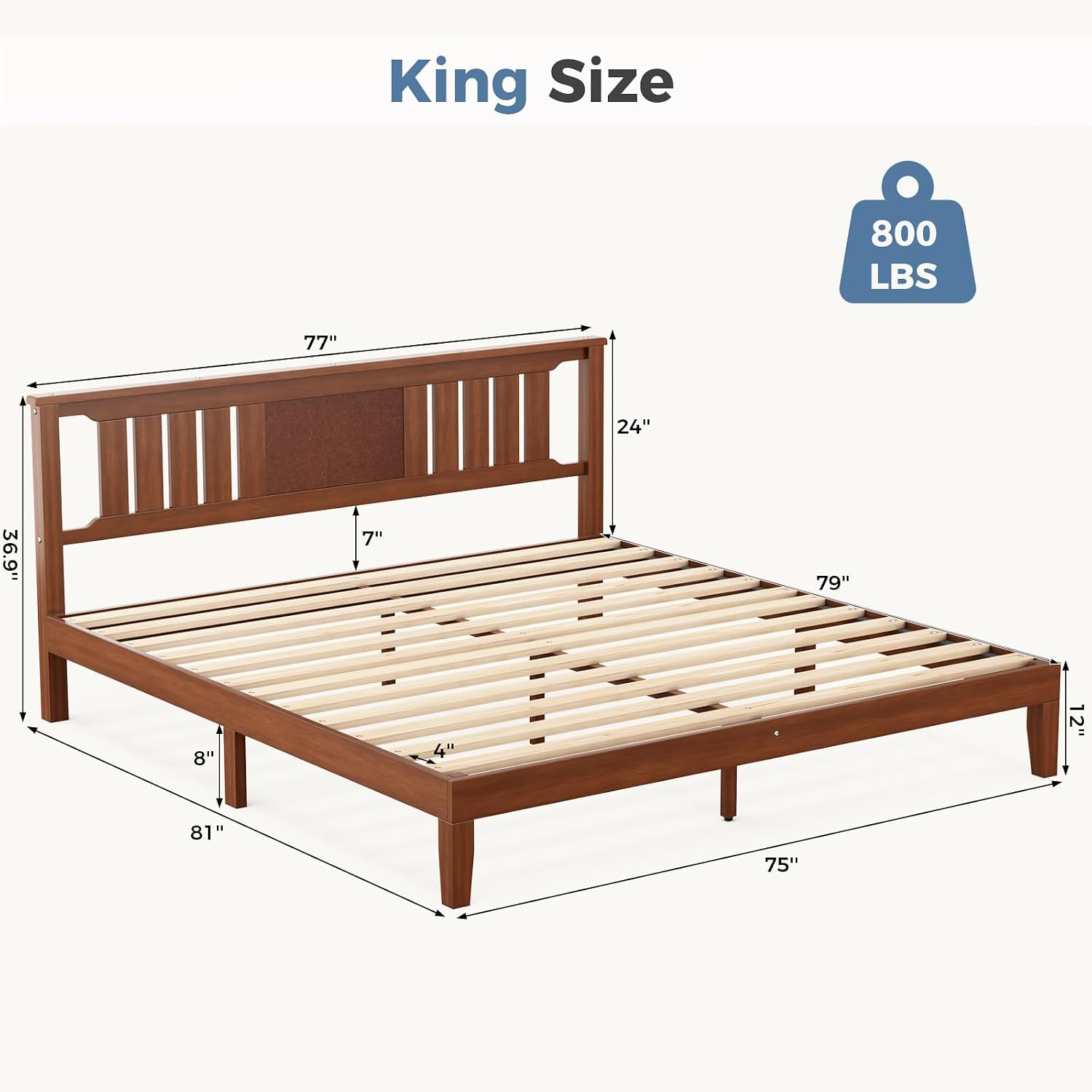 Solid Wood Bed Frame, Queen Size Platform Bed Frame with Headboard, Sturdy Wood Slat Support, Heavy Duty, No Box Spring Needed, Noise-Free, Easy Assembly