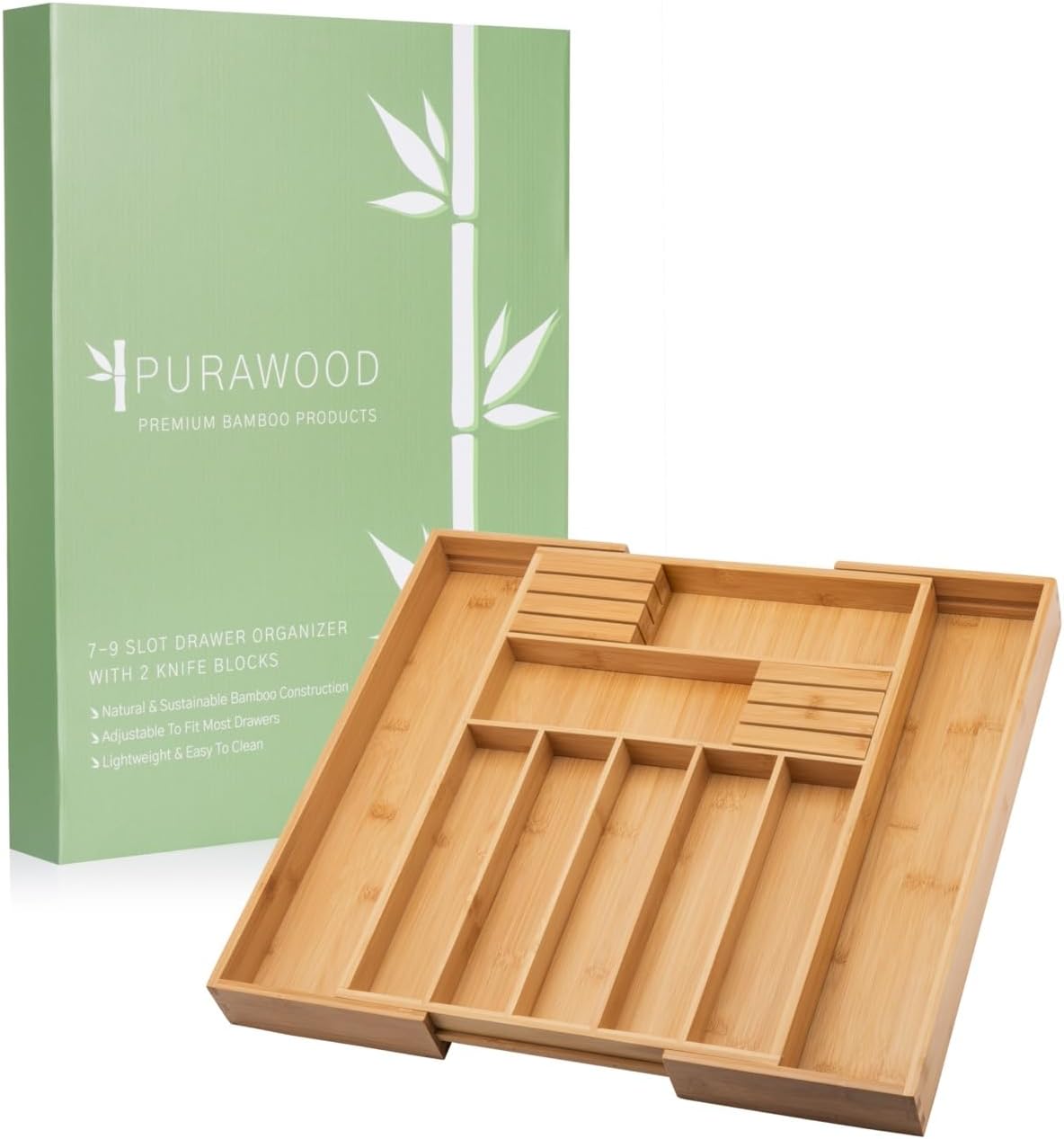 Purawood Kitchen Drawer Organizer - Expandable Utensil Drawer Organizer for Kitchen, Cutlery Tray & Silverware Organizer