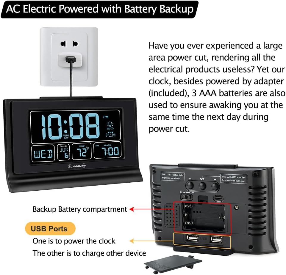 DreamSky Alarm Clocks for Bedrooms with Battery Backup, Auto Set | Digital Clock with Date & Day of Week, 5 Inch Large Display, Weekday, Temperature, USB Port, Auto DST, Brightness Dimmer