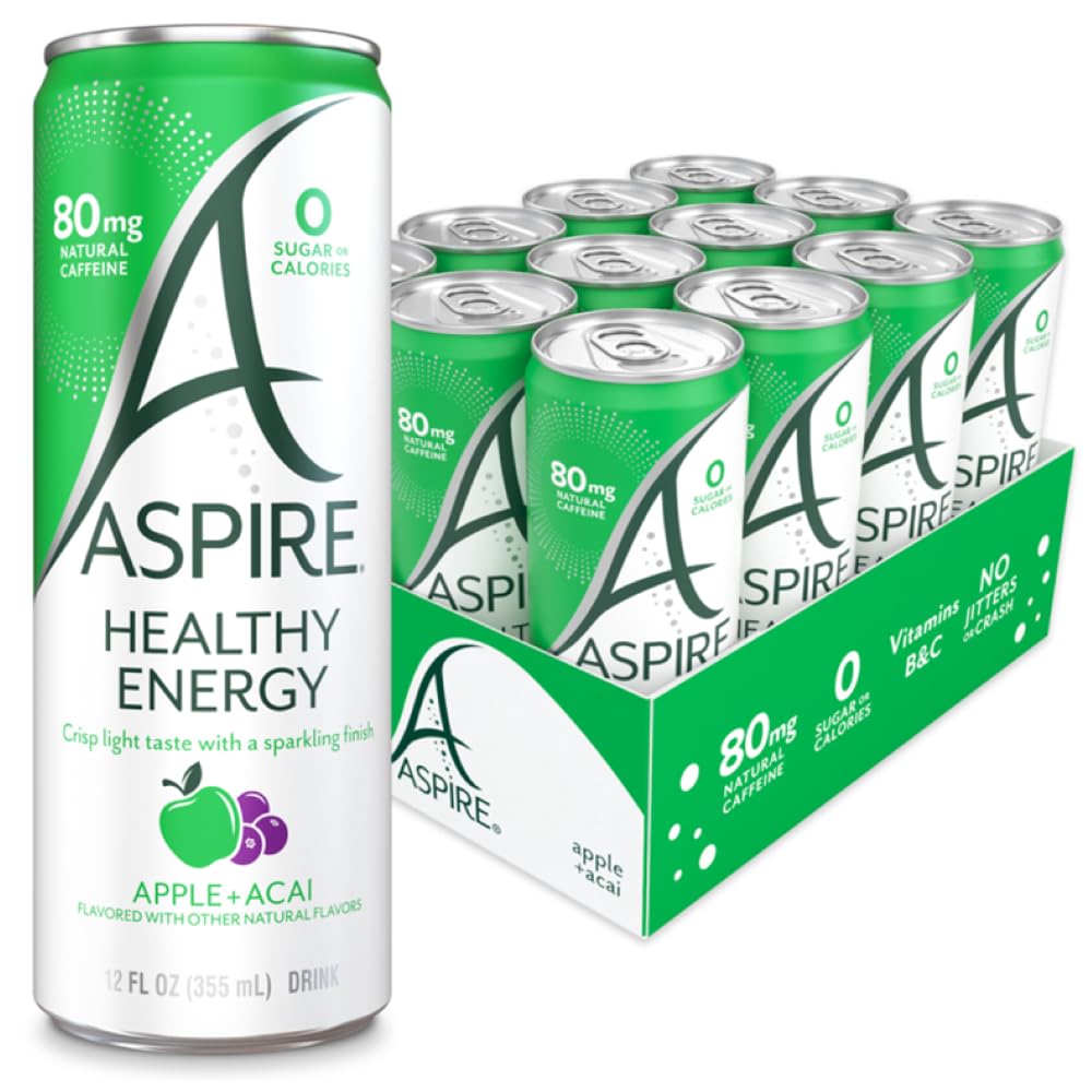 ASPIRE® Raspberry Acai, Healthy Energy Drink 80mg Natural Caffeine, Zero Sugar No Carbs Keto Friendly, 12 Pack Green Tea Sugar Free Drink Low Caffeine Zero Calorie