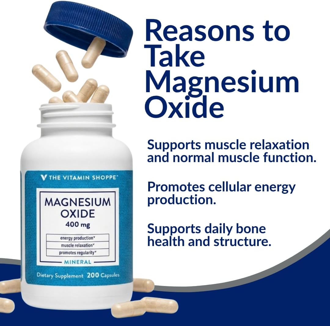 The Vitamin Shoppe Brand Magnesium Oxide 400 mg, Bone Support, 200 Count | Daily Magnesium Mineral for Muscle Relaxation