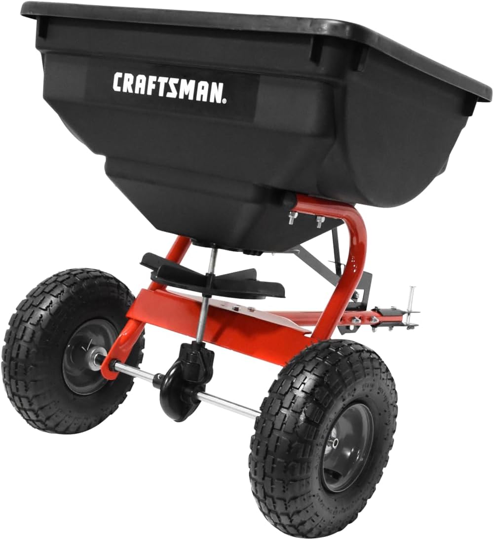 CRAFTSMAN Universal Tow Behind Broadcast Spreader for Seed, Fertilizer, and Ice Melt, 85 lb Capacity with Direct Rod Flow Control