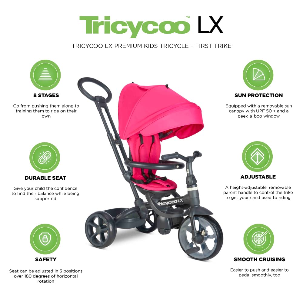 Joovy Tricycoo 4.1 Kids Tricycle with 4-Stages Featuring Extra-Wide Front Tire, Removable and Adjustable Parent Handle, Safety Harness