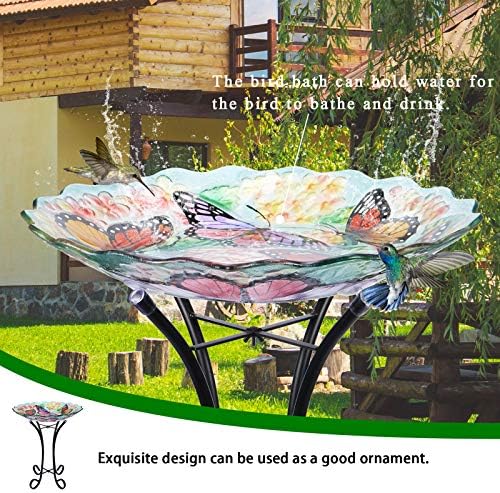 VCUTEKA Glass Bird Bath Outdoor with Metal Stand, Bird Feeder Garden Decor