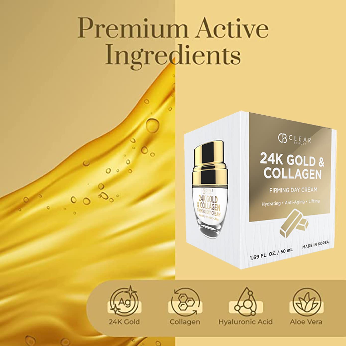 Clear Beauty 24K Gold & Collagen Day Cream Face Moisturizer – Dermatologist Tested, Anti Aging Korean Skin Care – Anti Wrinkle
