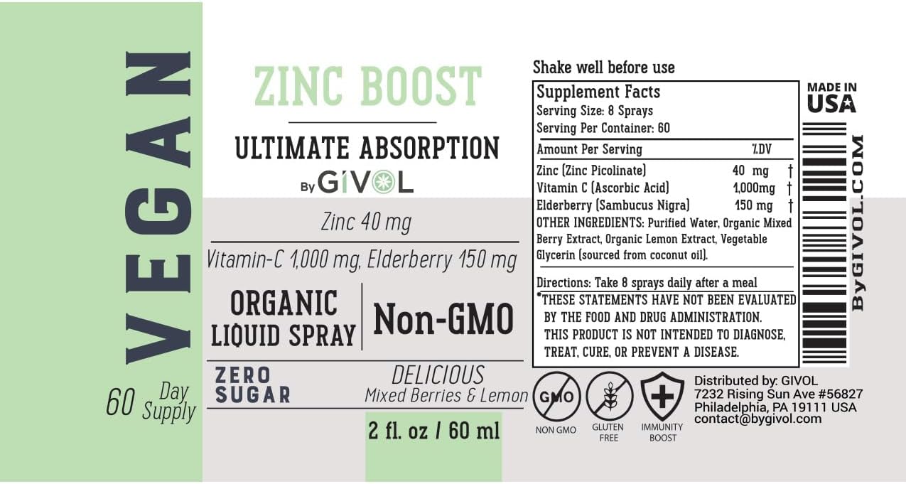 Zinc Active Mist Liquid Spray, Sugar-Free, Made in USA, 2 FL oz/60 ml