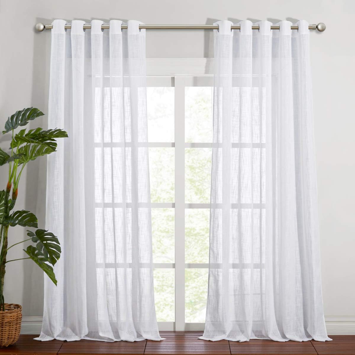 NICETOWN Linen Curtains White Semi Sheer 72 inch Long for Windows, Privacy with Light Filtering Grommet Top Window Treatments for Bedroom/Living Room