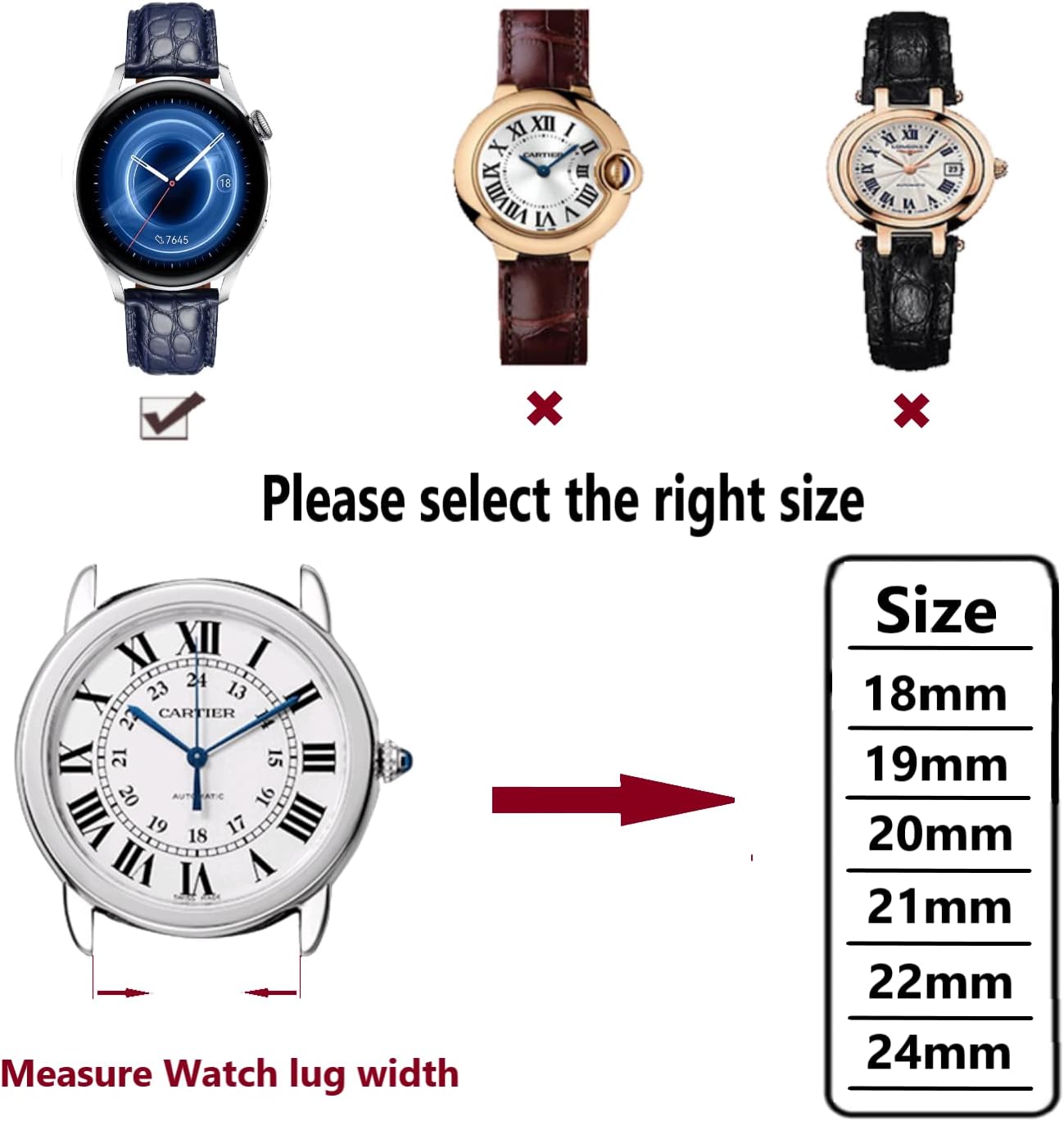 Moran Genuine Leather Watch Band 18mm 19mm 20mm 21mm 22mm 23mm 24mm Calf Grain Watch Strap for Men and Women 18mm Black-Silver Buckle