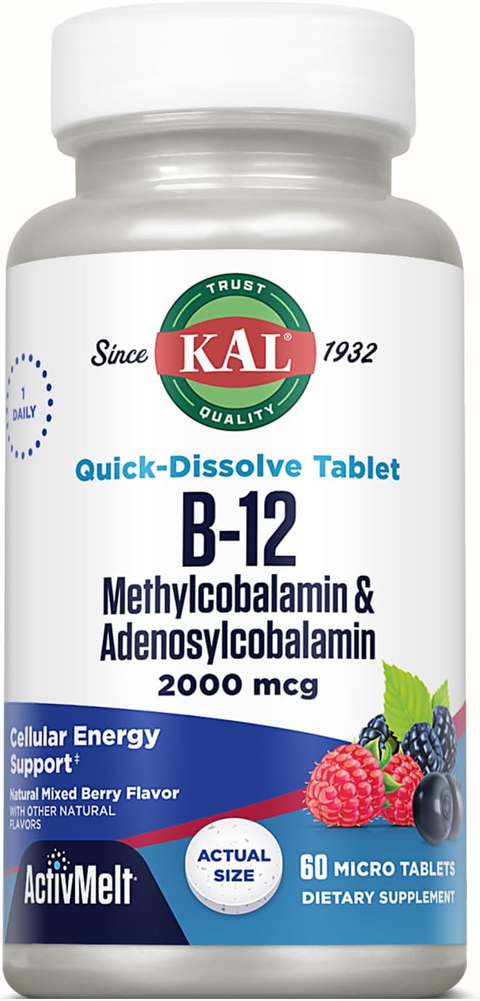 KAL Vitamin B12 Methylcobalamin and Adenosylcobalamin 2000 mcg ActivMelt, B12 Energy Supplements, Metabolism, Nerve, Red Blood Cell Support