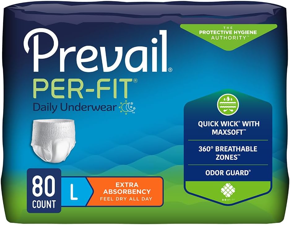 Prevail Per-Fit Daily Protective Underwear, Unisex Adult Disposable Adult Diaper for Men & Women, Extra Absorbency, Medium, 80 Count (4 Packs of 20) | Disposable, Incontinence, Extra Absorbency