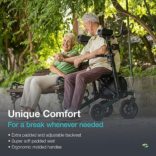 Helavo Upright Walker with Seat, Foldable Stand Up Walker with Rubber Tires | All Terrain Tall Standing Rollator, Padded Armrests, Height Adjustable
