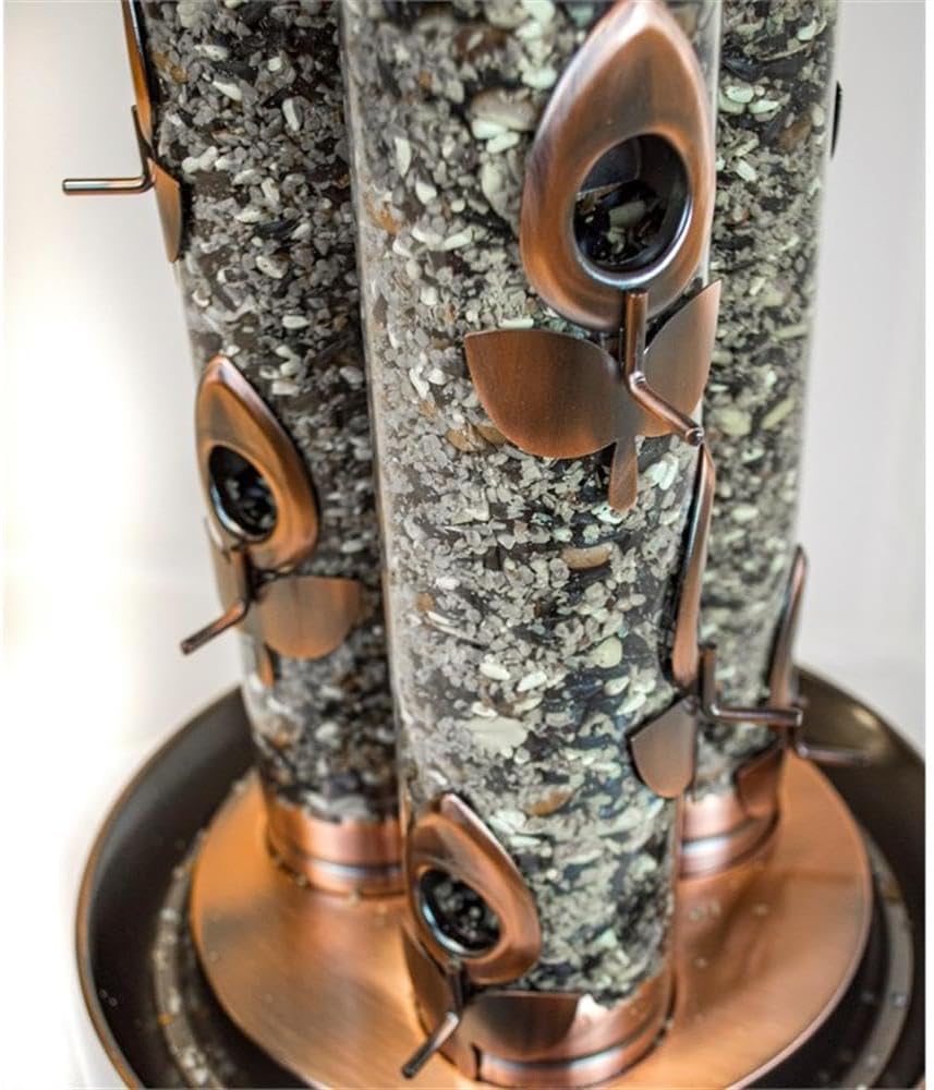 Triple Tube Deluxe Bird Feeder, Metal and Plastic Construction, Warm Copper Finish, 9 Feeding Ports with Perches, Hanging Cable System