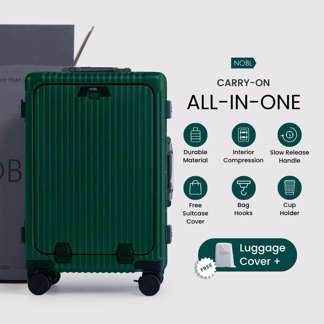 Nobl Travel Carry on Luggage, Zipperless Aluminum Frame, TSA Locks | PC Hard Shell Suitcase, Airline Approved, 360° Spinner Wheels, USB Charging Port, Cup & Phone Holder, 22.5x15x9.5, Ivory