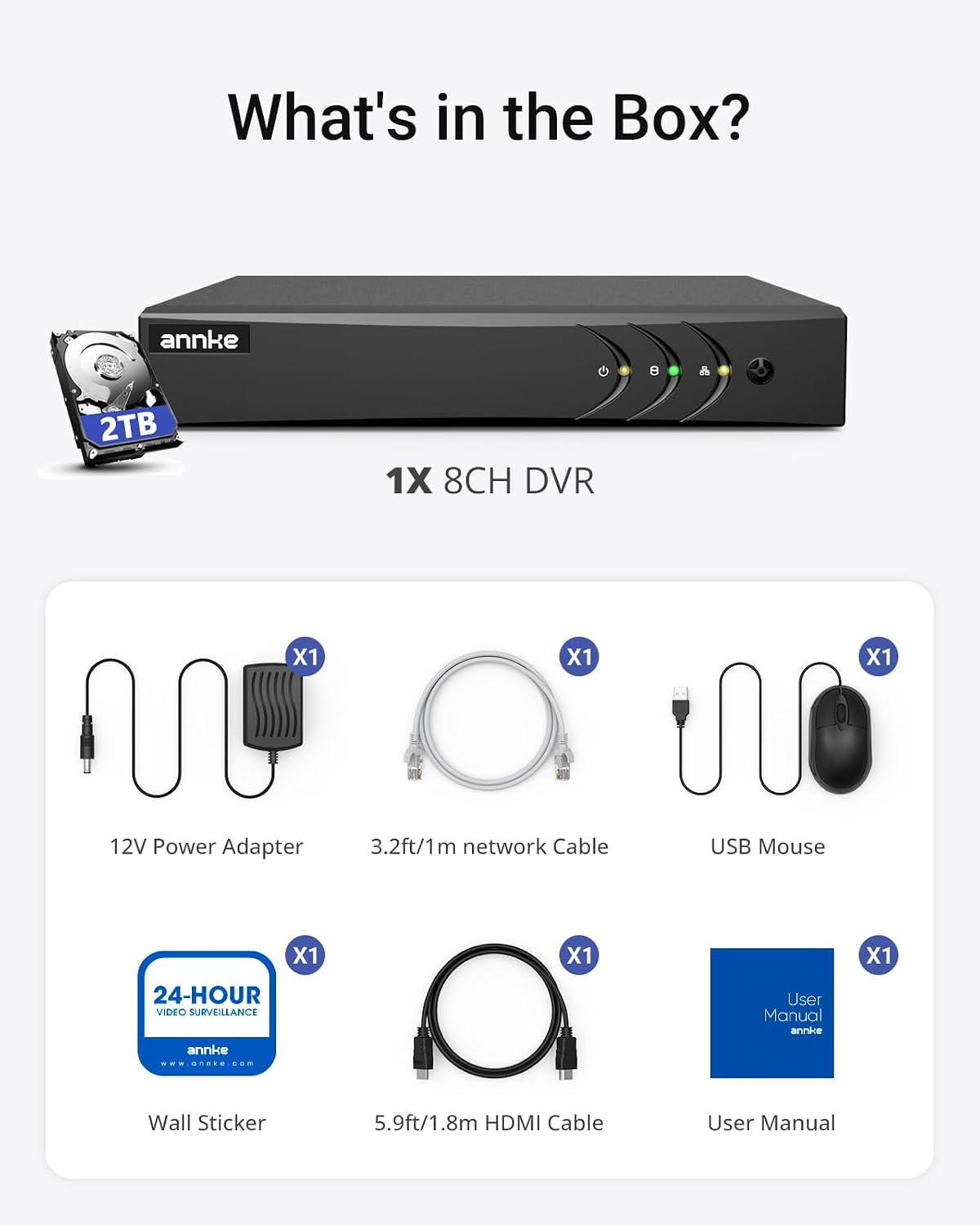ANNKE 3K Lite 8 Channel DVR for Security Camera, 2TB Hard Drive Disk, Black | H.265+ 5-in-1 Digital Video Recorder, AI Human/Vehicle Detection