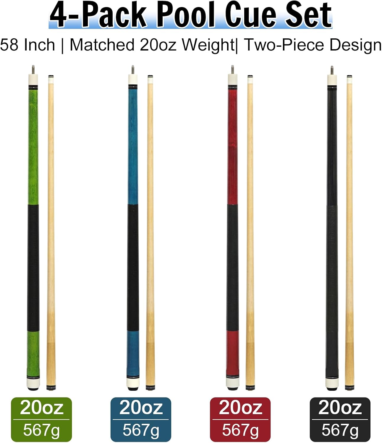 Pool Cue Sticks 4-Pack, 58 Inch Billiard Cues for Home & Bar Play, Solid Maple Wood Pool Sticks with 12.5mm Multi-Layer Leather Tip, Leather Grip