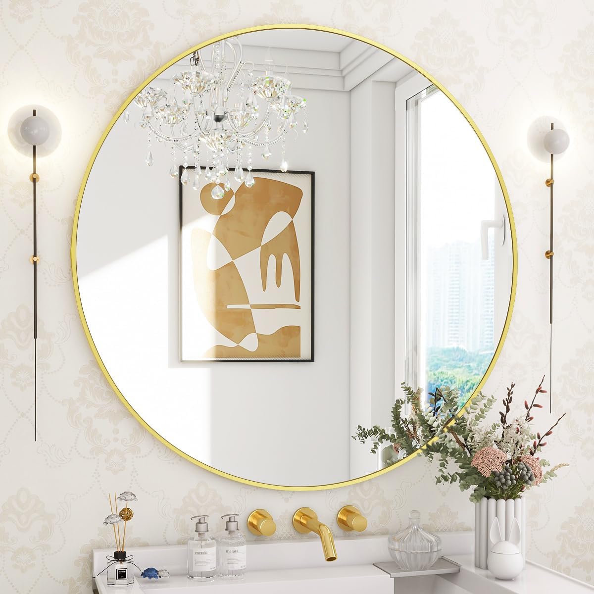 BEAUTYPEAK 24 Inch Round Mirror, Metal Frame Circle Mirror, White