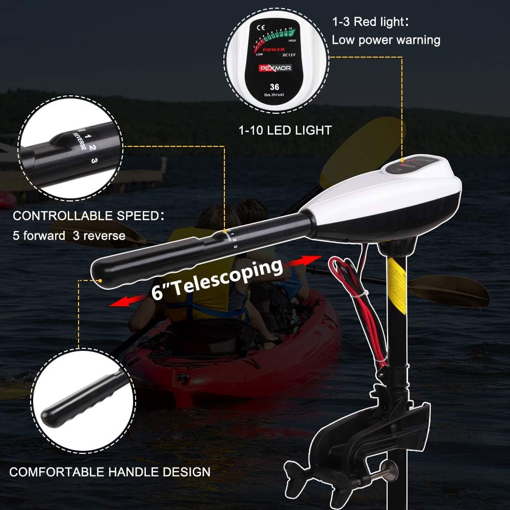 PEXMOR 8 Speed Electric Trolling Motor, Electric Outboard Boat Motor w/Adjustable Handle & LED Indicator, Transom Mounted for Saltwater, Kayak