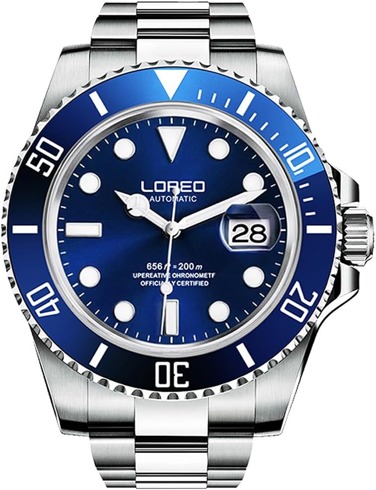 LOREO Men's Automatic Watch Sapphire Crystals 200M Waterproof | Rotating Bezel Luminous Markers and Hands Date 316L Stainless Steel Case and Bracelet Waterproof Watch