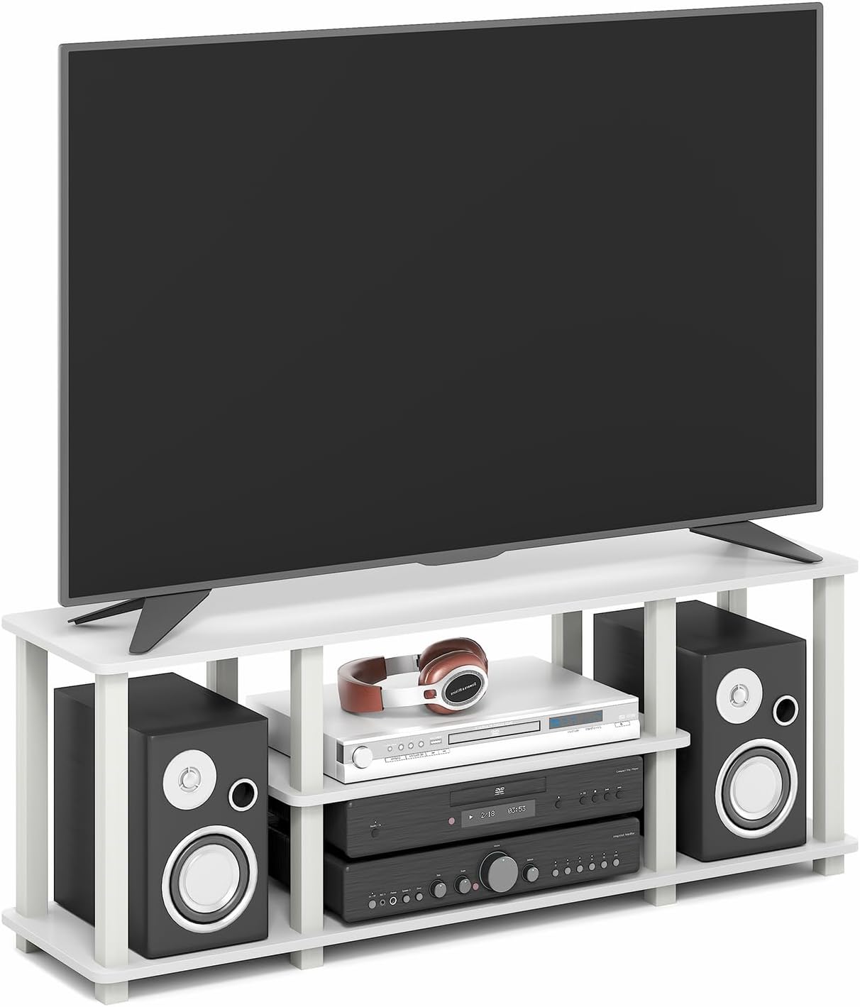 Furinno Turn-N-Tube No Tools 3D 3-Tier Entertainment TV Stand up to 50 inch TV, Round Tubes, French Oak Grey/Black | for TV up to 50 Inch, Open Frame Rectangular Entertainment Center with Storage Shelf, TV Console, for Living Room, Bedroom