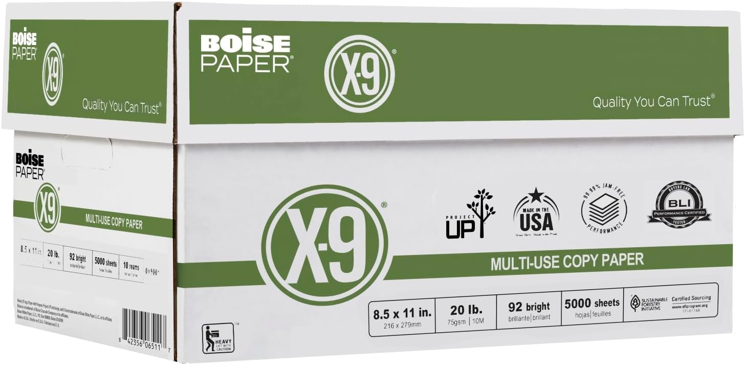Boise X-9 Multi-Use Printer & Copy Paper, 5 Reams, White, Ledger (11in x 17in), 2500 Sheets Per Case, 20 Lb, 92 Brightness