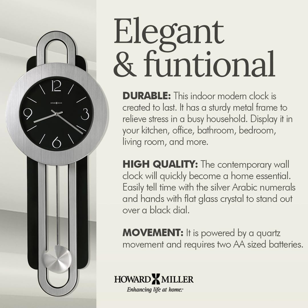 Howard Miller Gwyneth Wall Clock – Black Dial, Arabic Numerals, Quartz Movement, Silver Pendulum Bob, Brushed Nickel & Satin-Black Finish