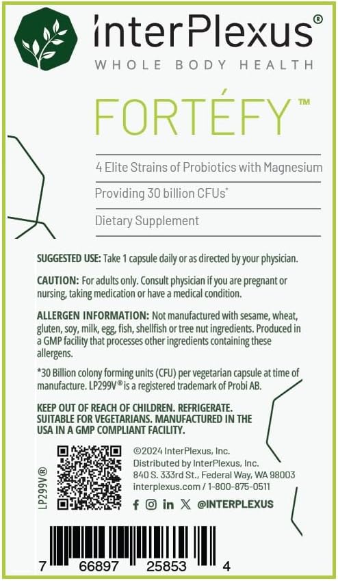 InterPlexus Fortéfy - 4 Elite Strains of Probiotics Providing 30 Billion CFU per Capsule with Magnesium - Gluten Free, Dairy Free