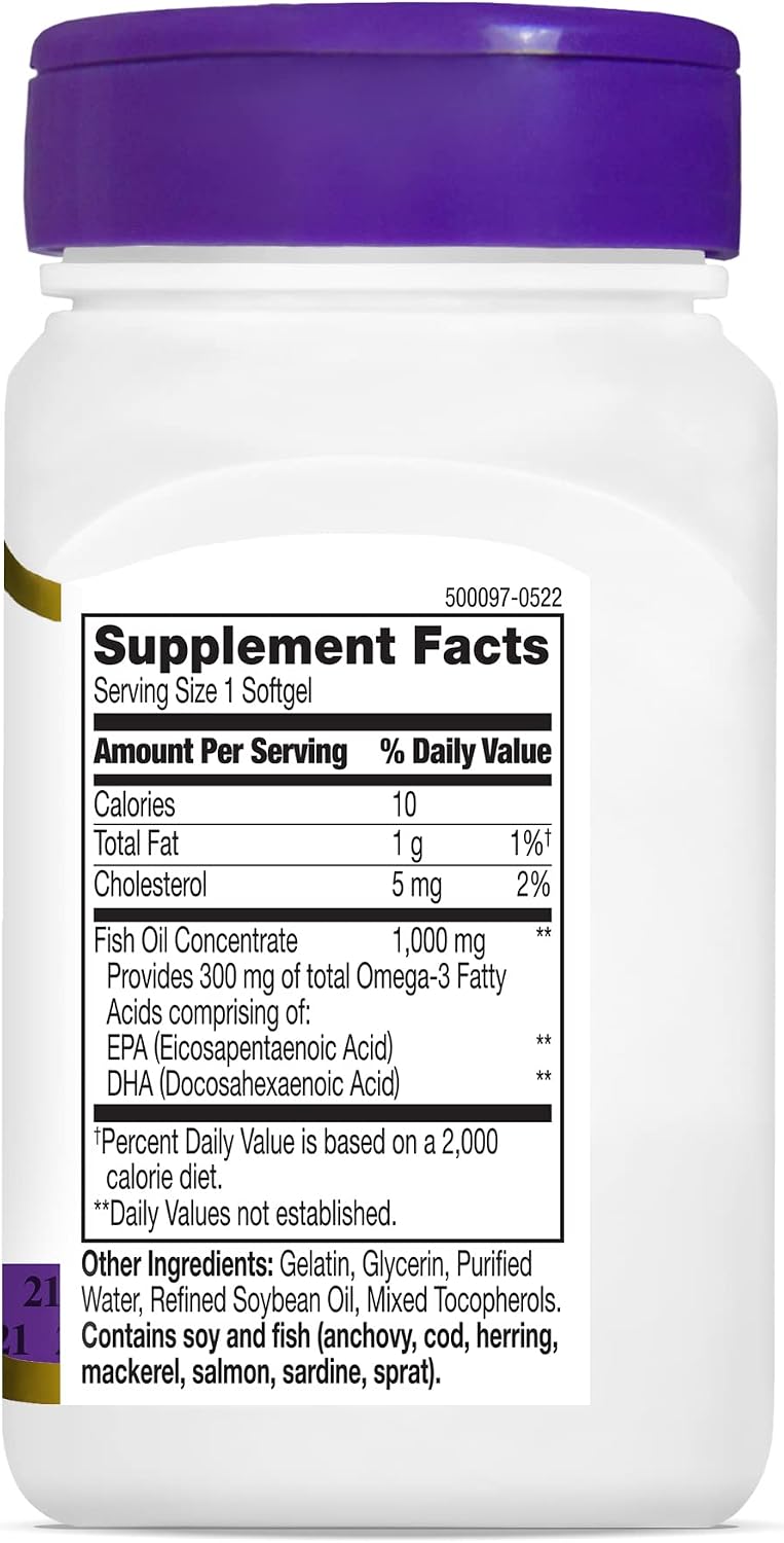 21st Century Fish Oil 1000mg Omega-3 Softgels, Mercury-Filtered, 120ct | Omega-3 Fish Oil with 300 mg EPA & DHA, Heart & Cardiovascular Health Support, Gluten Free, Non-GMO