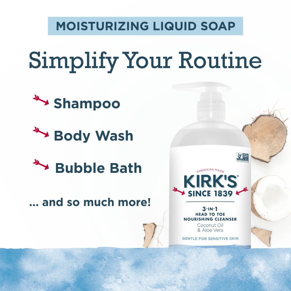 Kirk's Juniper & Lime​ 3-in-1 Nourishing Cleanser, Shampoo Body Wash Bubble Bath, Coconut Oil and Aloe Vera, Vegan Non-GMO, 32 Fl Oz