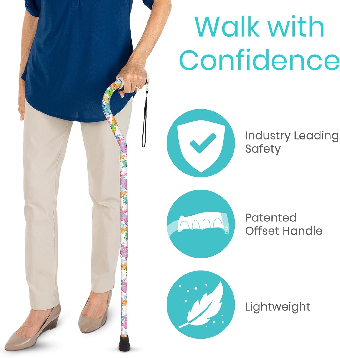 Vive Walking Cane for Women, Men, Elderly - Patented Offset Grip - Lightweight Adjustable Walking Aid with a Non-Slip Tip - Sturdy Balancing Mobility Aid for Seniors