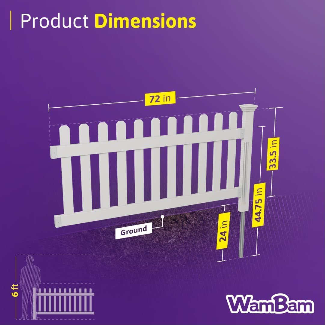 WamBam Newport Picket Fence, White Vinyl DIY No Dig Kit | 3ftH x 6ftW, 1 Panel + 1 Post, ZP19002