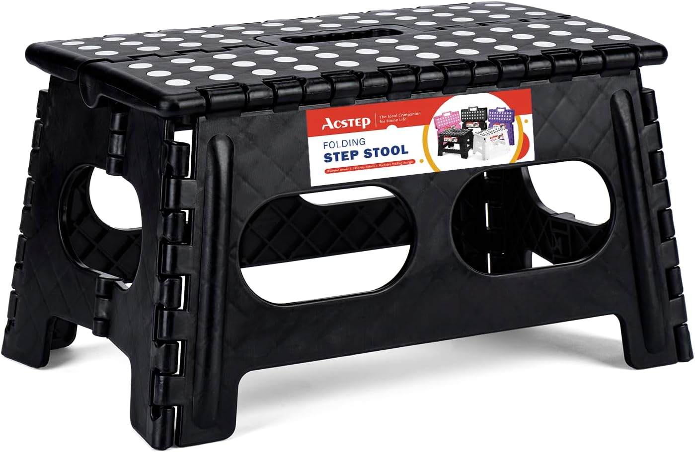 11 Inch Folding Step Stool for Kids, Non-Slip Foldable Stools, Black | Heavy Duty Collapsible Foot Stool, Lightweight with Built-in Handle, Holds 300 lb for Adults Kitchen Bathroom Bedroom Outdoor
