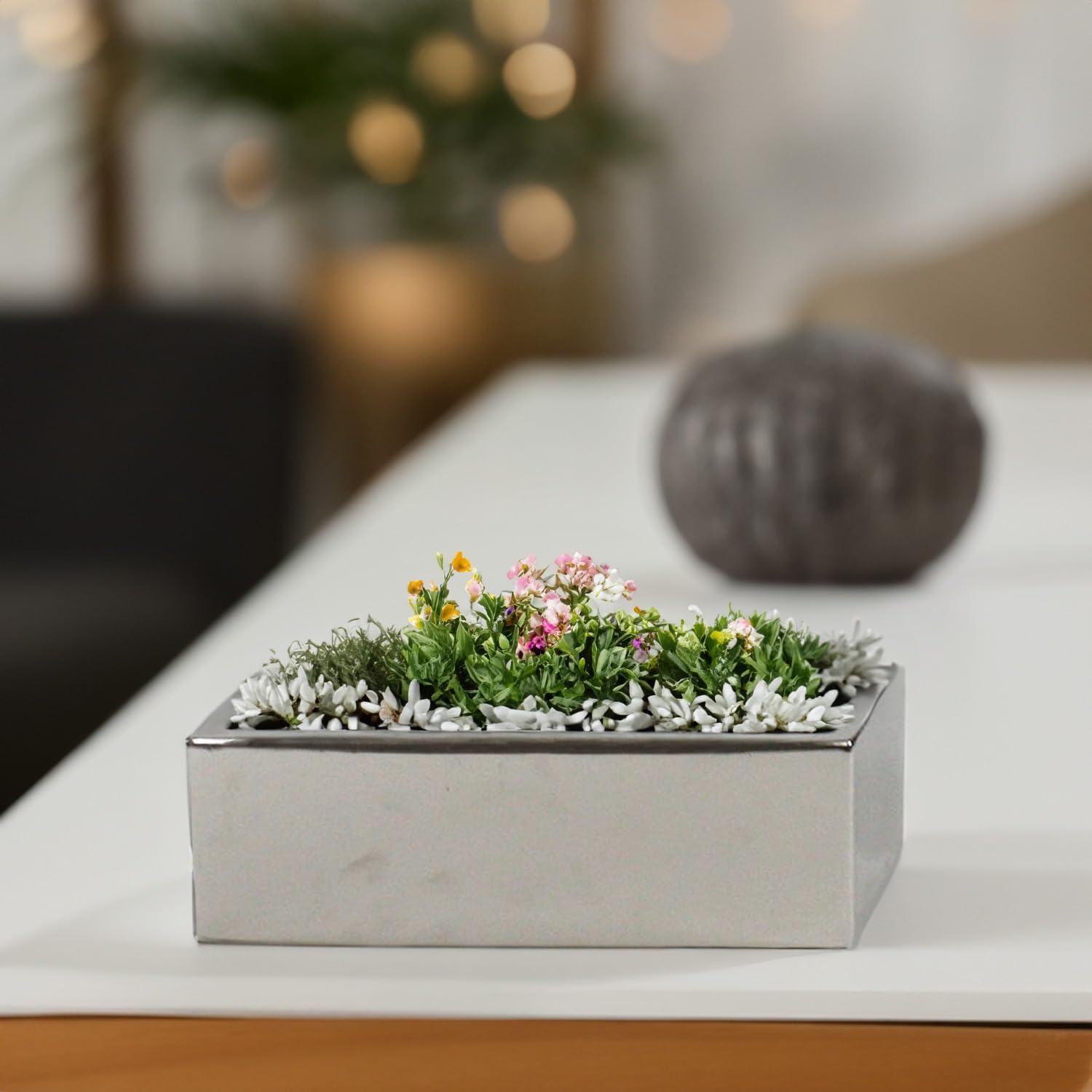 WGVI Long Rectangle Ceramic Planter Vase in White 14" x 4" x 4"H, Rectangular Box Block Terrarium Pot, Flower Arrangement, Tabletop Centerpiece