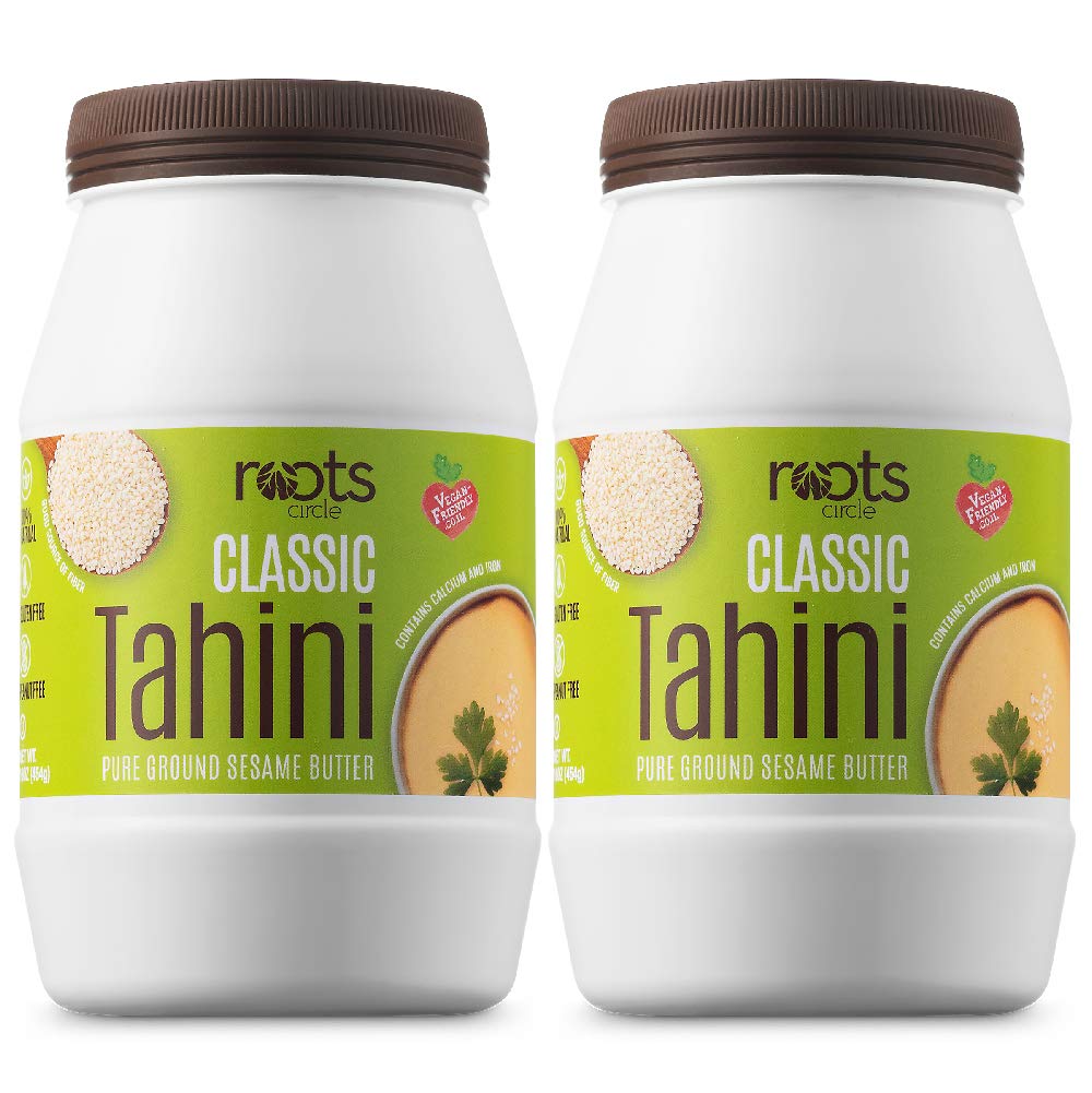 Roots Circle All-Natural Sesame Tahini Paste | 100% Pure Rich & Creamy Ground Sesame Seed Paste for Hummus, Tahini Sauce, Dressing & Dips | Vegan, Kosher | Non-GMO, Gluten & Peanut-Free | 2 Jars 16 Oz