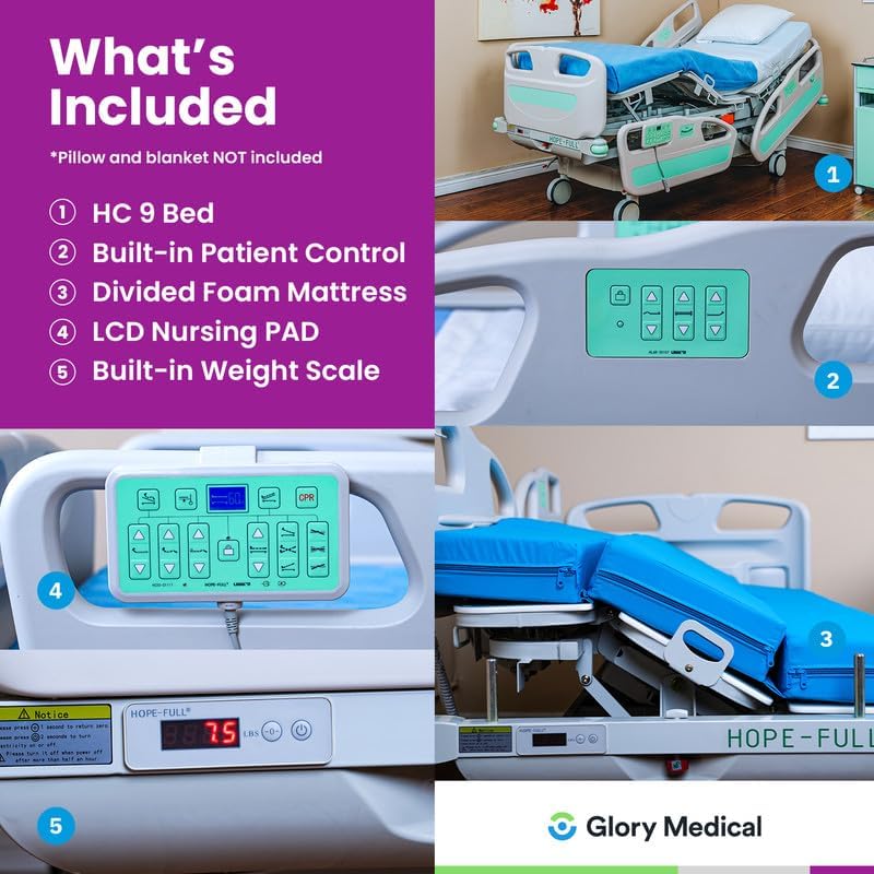 HopeFULL HC‑9 EZ‑Turn ICU Hospital Bed with Lateral Tilting, 12‑Piece 4.7" Foam Mattress, LINAK Motor, Built‑in Weight Scale, Central Locking